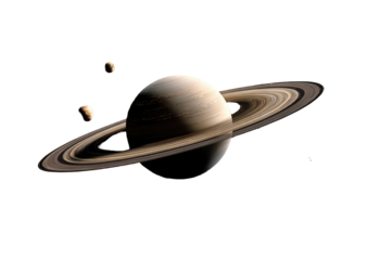Ringed planet floats, satellites nearby, isolated view