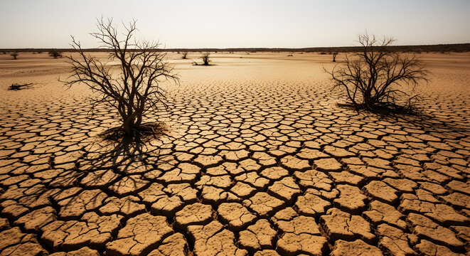 Cracked dry desert landscape under intense sunlight Climate change 49340259 1
