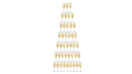 Tower of champagne glasses filled with bubbly beverage, AI, PNG