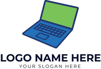 Laptop logo vector with green screen and blue body for tech branding, IT services, or digital business identity