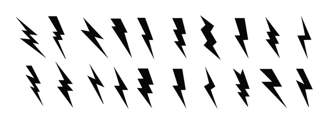 different types of lightning bolt vector set in black color