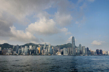  The skyline buildings of Hong Kong Island as viewed from across Victoria Harbour. 

