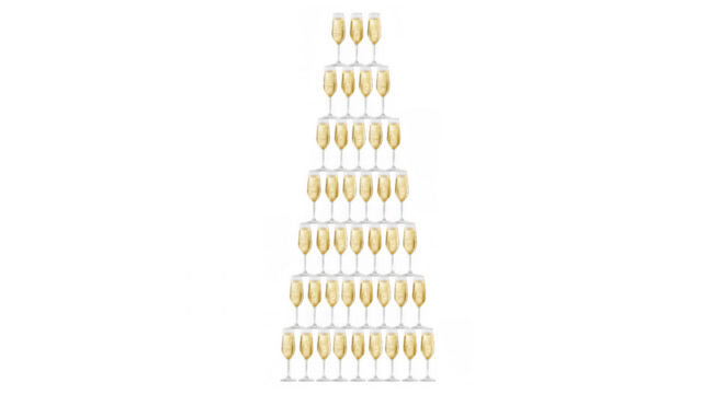 Tower of champagne glasses filled with bubbly beverage, AI, PNG