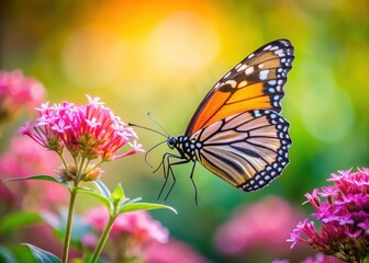 Fototapeta premium Delicate monarch butterfly sips nectar from a vibrant pink flower in a lush