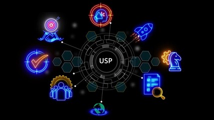 banner of USP concept with icons of unique, sale, consumer, benefits futuristic technology matrix global security with digital spot light and stretch glowing 4k video animation - Powered by Adobe