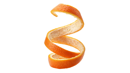 Spiral orange peel floating in the air against a white backdrop during food preparation on a transparent background