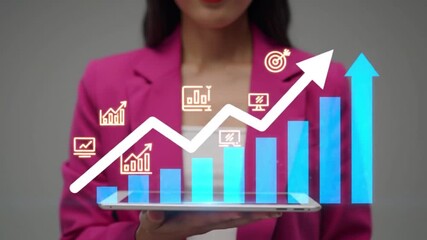 Video illustration of businesswoman in a pink blazer holding a tablet displaying a rising bar graph and arrow, symbolizing financial growth and success - Powered by Adobe