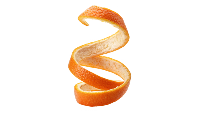 Spiral orange peel floating in the air against a white backdrop during food preparation on a transparent background