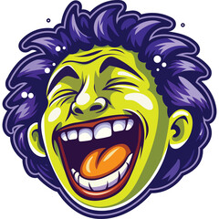 Funny Cartoon Face Laughing With Joy Eyes Closed Mouth Wide Open Green Skin Purple Hair Outline Vector Art