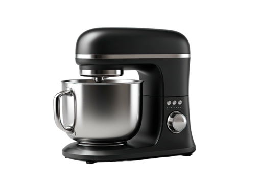Black stand mixer w/ steel bowl on dark background