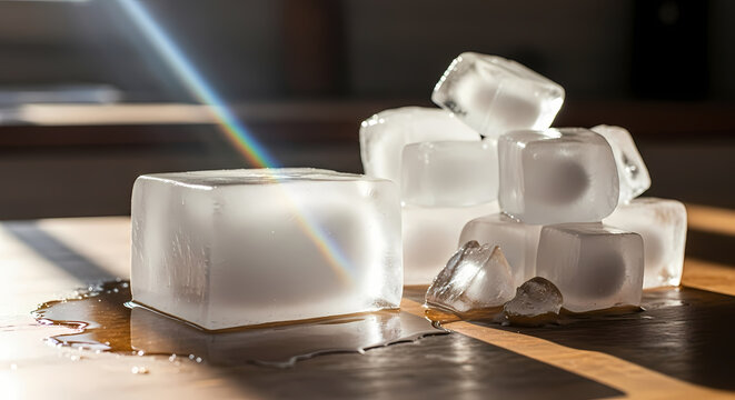 Melting Ice Cubes: Refreshing Cold, Crystal Clarity & Sunlit Water Droplets