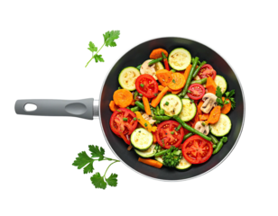 Cooked veggies in pan, vibrant and fresh