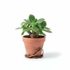 Fototapeta premium Small Isolated Crassula Succulent Plant in Terracotta Pot with Visible Roots, White Background