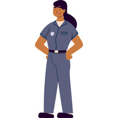 Fototapeta premium Full Body Portrait of a Woman Wearing a Blue Uniform with a Belt and a Badge Standing Confidently with Hands on Hips in a Studio Setting Against a White Background