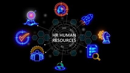HR human resources solutions concept. Management tool used to manage ,cube glow with and holographic futuristic technology matrix global security with . glowing 4k video animation