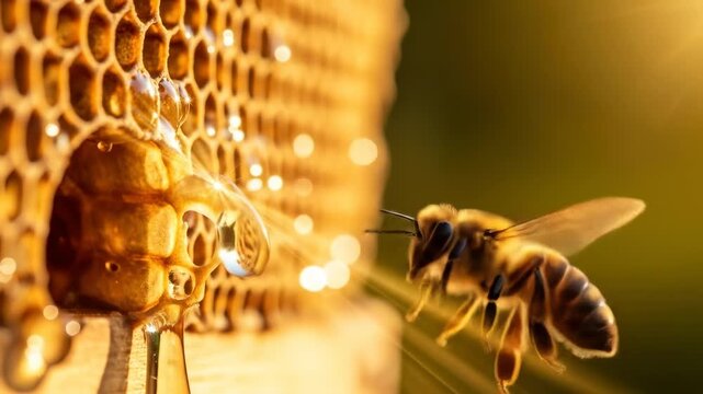 Bee drinks nectar from golden honeycomb, sunlit and dripping honey
