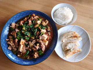 Mapo tofu and pan-fried dumplings, a dish served on a large plate at a local Chinese restaurant / 町中華で食べる大皿料理の一品，麻婆豆腐・マーボー豆腐と焼き餃子