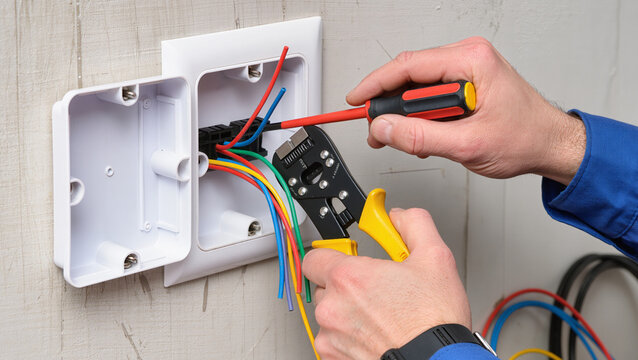 electrician repairing electrical outlet - Powered by Adobe