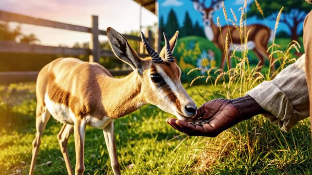 Person feeding deer outdoor scene warm sunlight