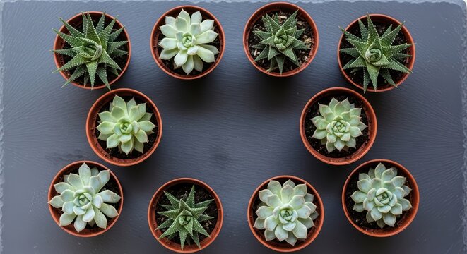 Ten succulent plants in pots on slate surface - top view arrangement - Powered by Adobe