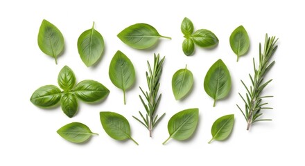 Naklejka premium Fresh Basil Leaves and Rosemary Sprigs on White Background, Herb, Herbs, Green