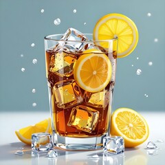 glass of cola with lemon and ice
