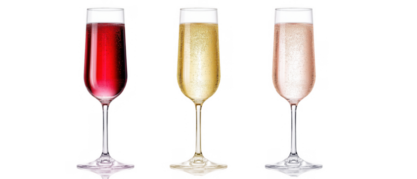 Three colorful champagne flutes filled with sparkle, AI, PNG