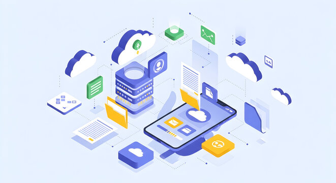 Cloud services technology computing files with smartphone isometric concept.Web template design.vector illustration 65171671 1