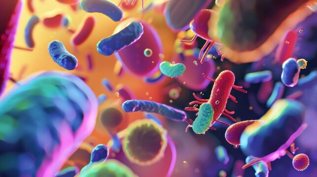 Colorful bacteria and microbes in a microscopic view representing microbiology and microscopic organisms.