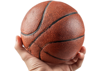 Hand holds a textured, orange-brown, inflated basketball