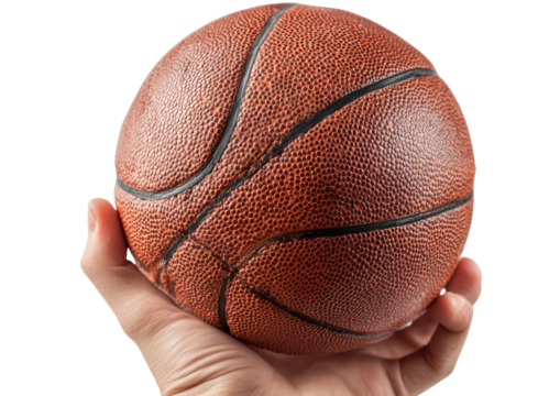 Hand holds a textured, orange-brown, inflated basketball