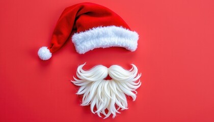 Santa Hat and White Whimsical Beard on Bright Red Background for Holiday Decorations and Festive Themes