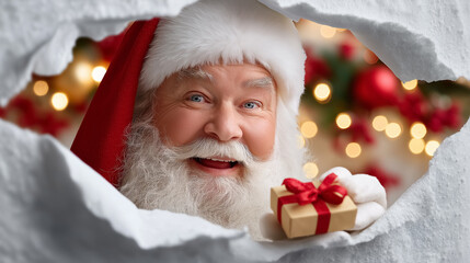 Santa Claus cheerfully presents a wrapped gift while peeking through a hole in a wall. Cheerful holiday atmosphere with decorative lights and festive colors
