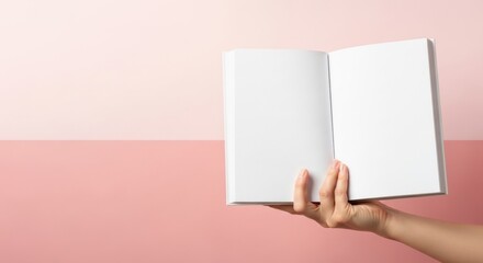 Obraz premium Hand Holding Open Blank Book on Pink Background, White, Pages, Reading