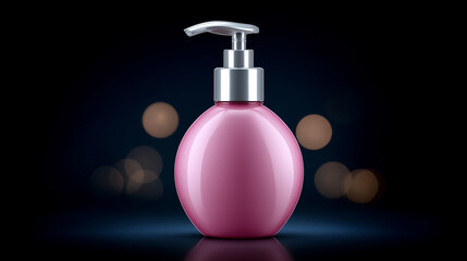 Pink pump bottle sits centered against a dark background, illuminated by soft bokeh lights creating a warm ambiance. Concept of skincare, beauty products, cosmetic packaging
