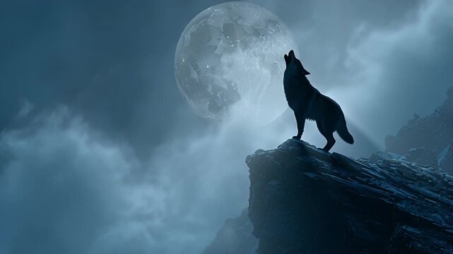 Wolf Howling at Full Moon on Rocky Cliff Night Silhouette