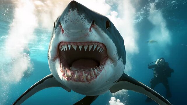 A diver observes a large shark with an open mouth showcasing its sharp teeth while swimming in clear blue waters illuminated by sunlight. The ocean is vibrant and alive.