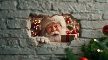 Santa looks through a hole in the brick wall with a joyful smile, holding a wrapped gift. Festive atmosphere with twinkling lights and holiday decor