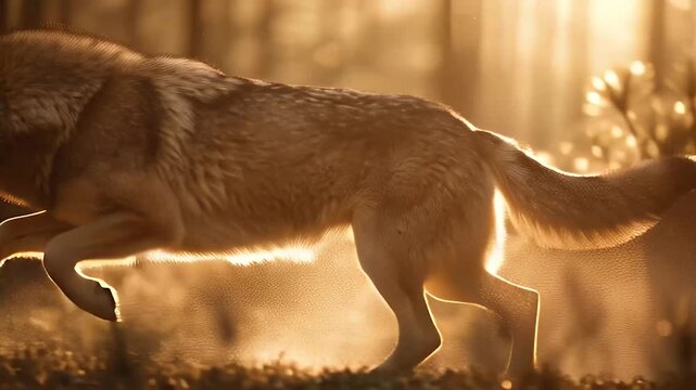 Lone Wolf Running in Golden Sunlight Wildlife Wilderness Scene