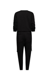 Plain black full body jumpsuit or coveralls on black background