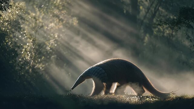 Lesser Anteater Foraging in Misty Jungle Sunbeams