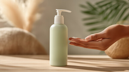 Hand pours pale green lotion into palm from stylish bottle. Relaxing indoor scene with neutral tones and natural decor. Concept of skincare, wellness, beauty