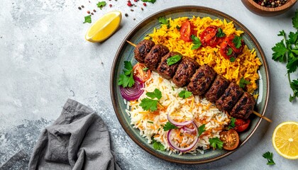  Iranian Kabab Koobideh  served with saffron rice, white basmati rice, grilled tomatoes,