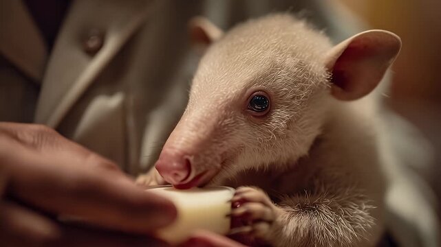 Baby Lesser Anteater Pup Being Hand-Fed Milk Close Up