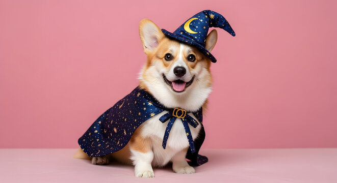 Adorable corgi dog wearing a wizard hat and cape sitting against a pink background exuding charm and playfulness 28856662 1