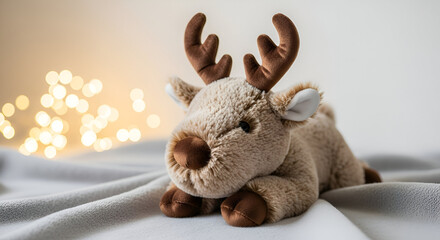 Plush reindeer toy resting on soft fabric with festive lights, with space for text  