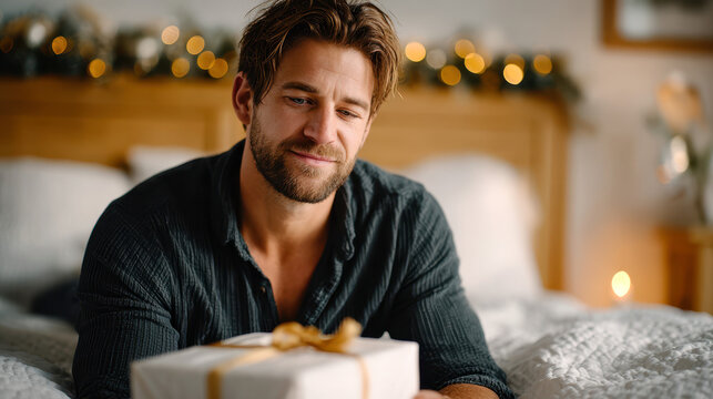 Holiday gift exchange in a cozy bedroom setting with fir branches and fairy lights - Powered by Adobe