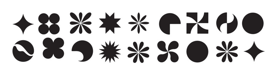 eighteen stylized black and white geometric shapes