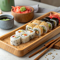 sushi and chopsticks, Beautifully arranged sushi rolls on a wooden tray with chopsticks beside