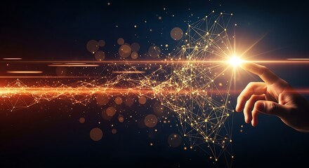 Hand touching a bright light creating a burst of energy and particles